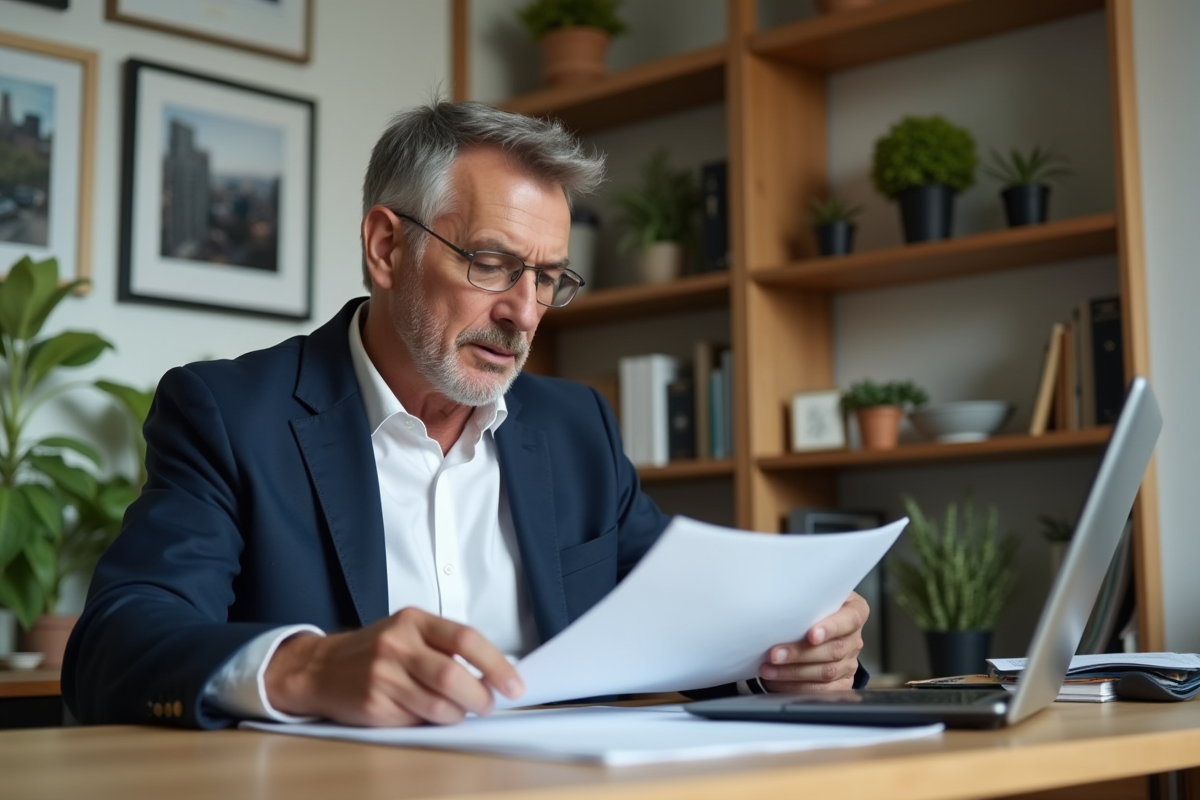 Homme d'âge moyen examinant documents immobiliers dans un bureau cosy