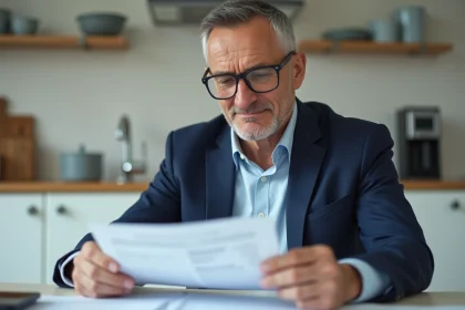 Homme d'âge moyen en costume bleu lisant des papiers fiscaux