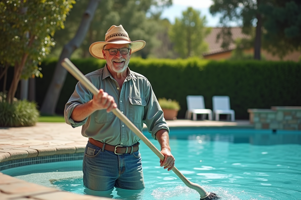 Homme âgé utilisant un filet pour nettoyer la piscine