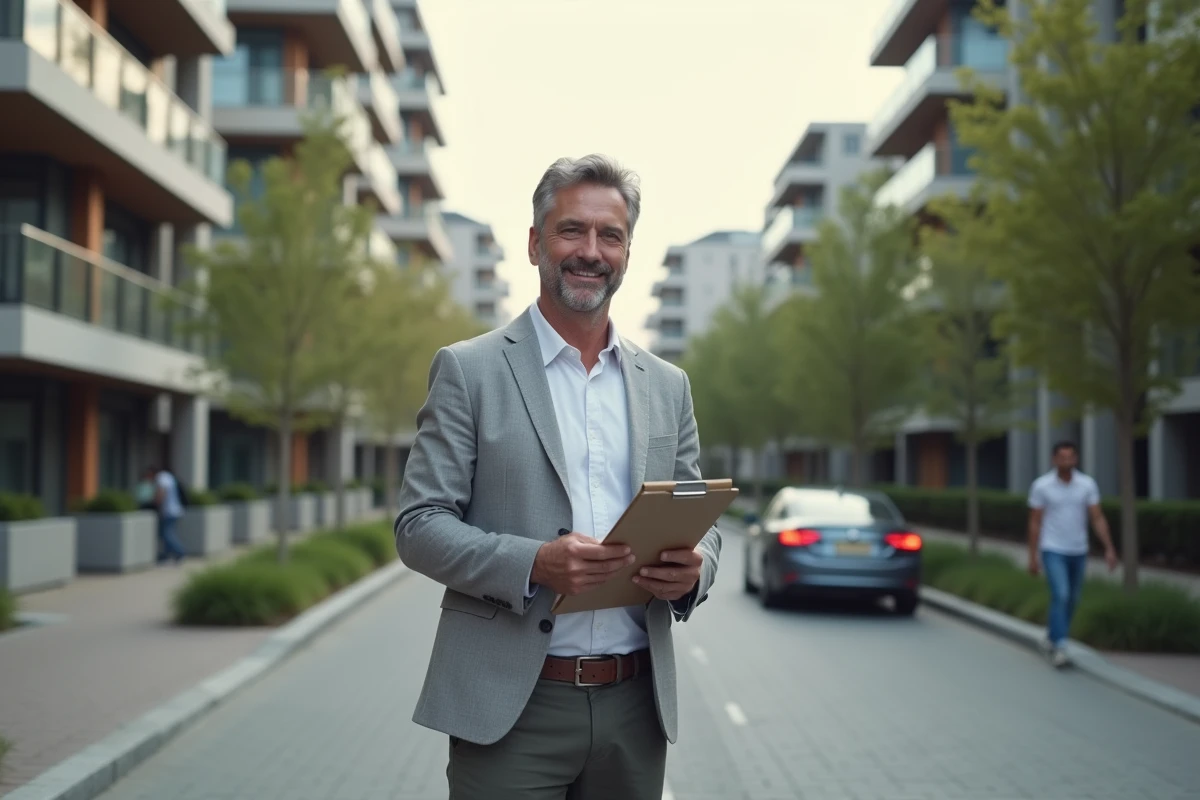 Homme souriant devant un immeuble neuf en milieu urbain