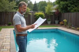 Homme regardant plans de piscine dans un jardin