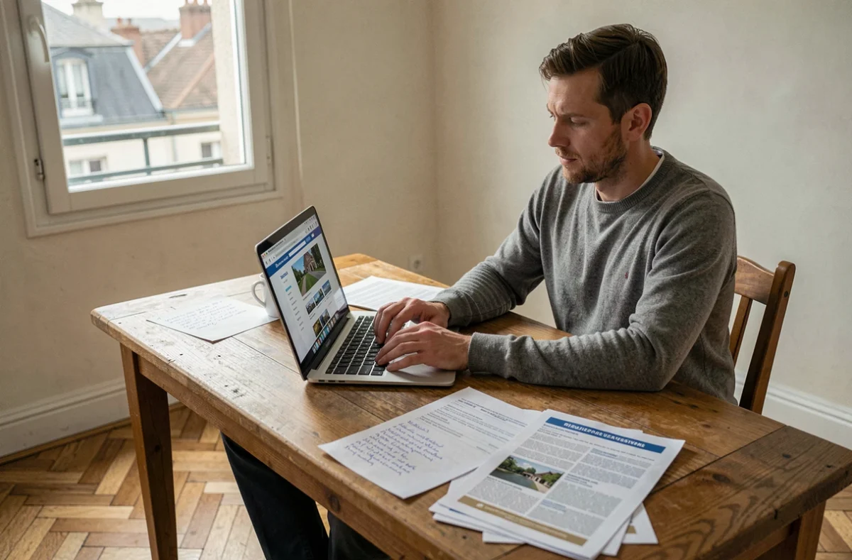 Homme recherchant des informations sur les quartiers de Caen en ligne depuis son appartement pour préparer son déménagement