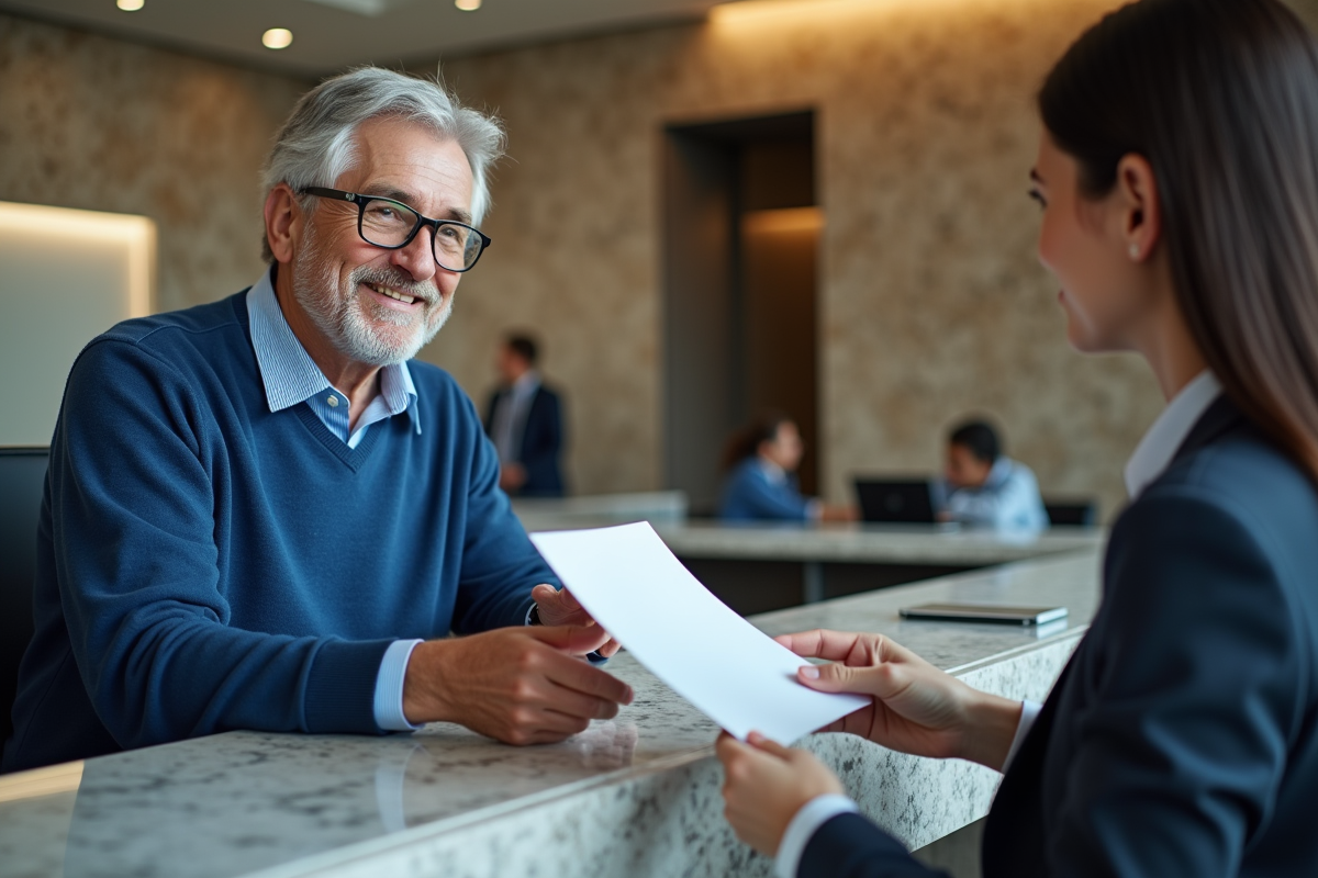Homme âgé remettant un document à une femme dans une banque