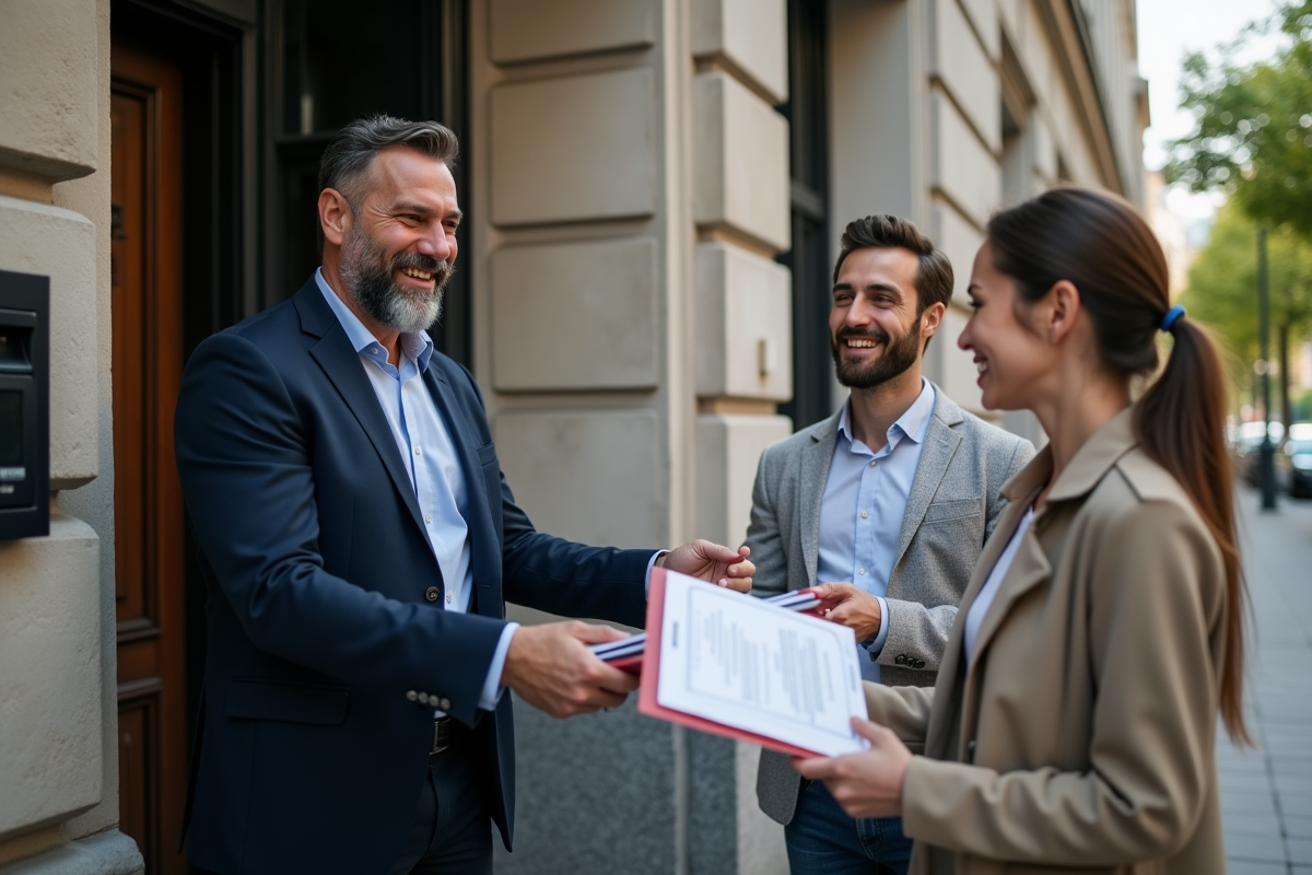 Homme remettant des clés et documents à un couple devant un immeuble
