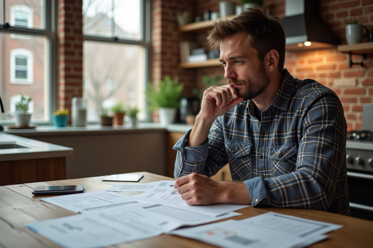 Homme étudiant des permis de rénovation dans sa cuisine