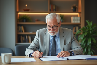 Homme senior en costume signant un prêt immobilier dans une banque