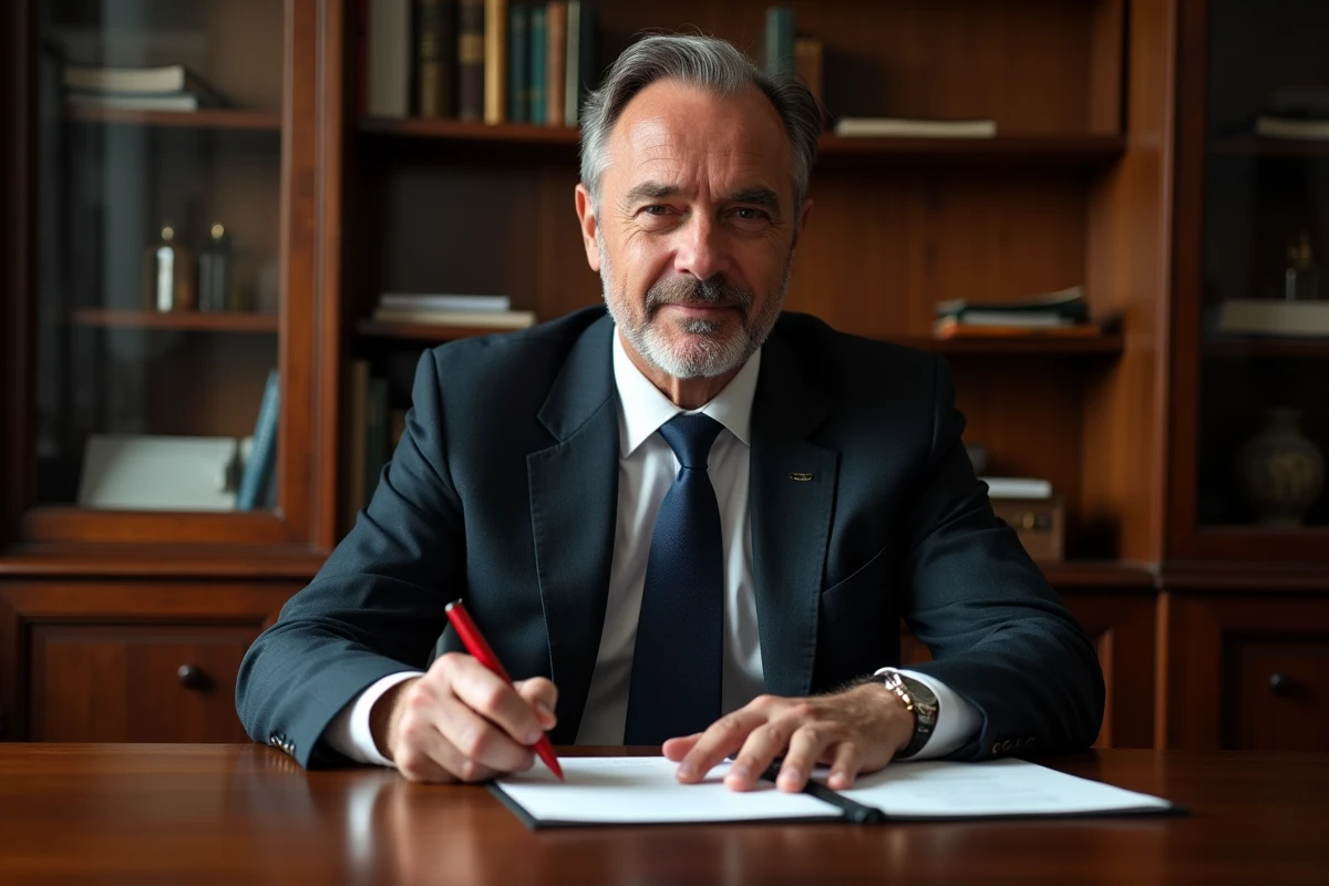 Homme d'âge moyen signant un document officiel dans un bureau élégant