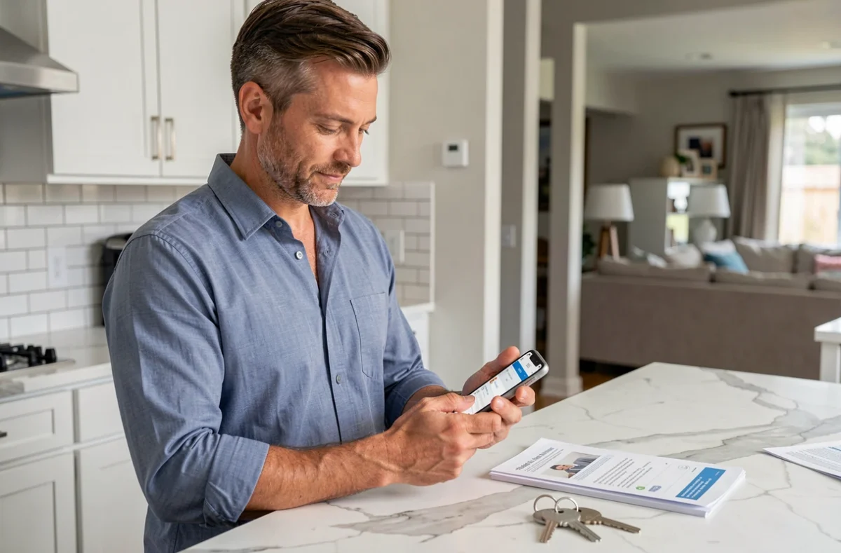 Homme consultant une application de simulation d'assurance habitation sur son smartphone dans une cuisine contemporaine