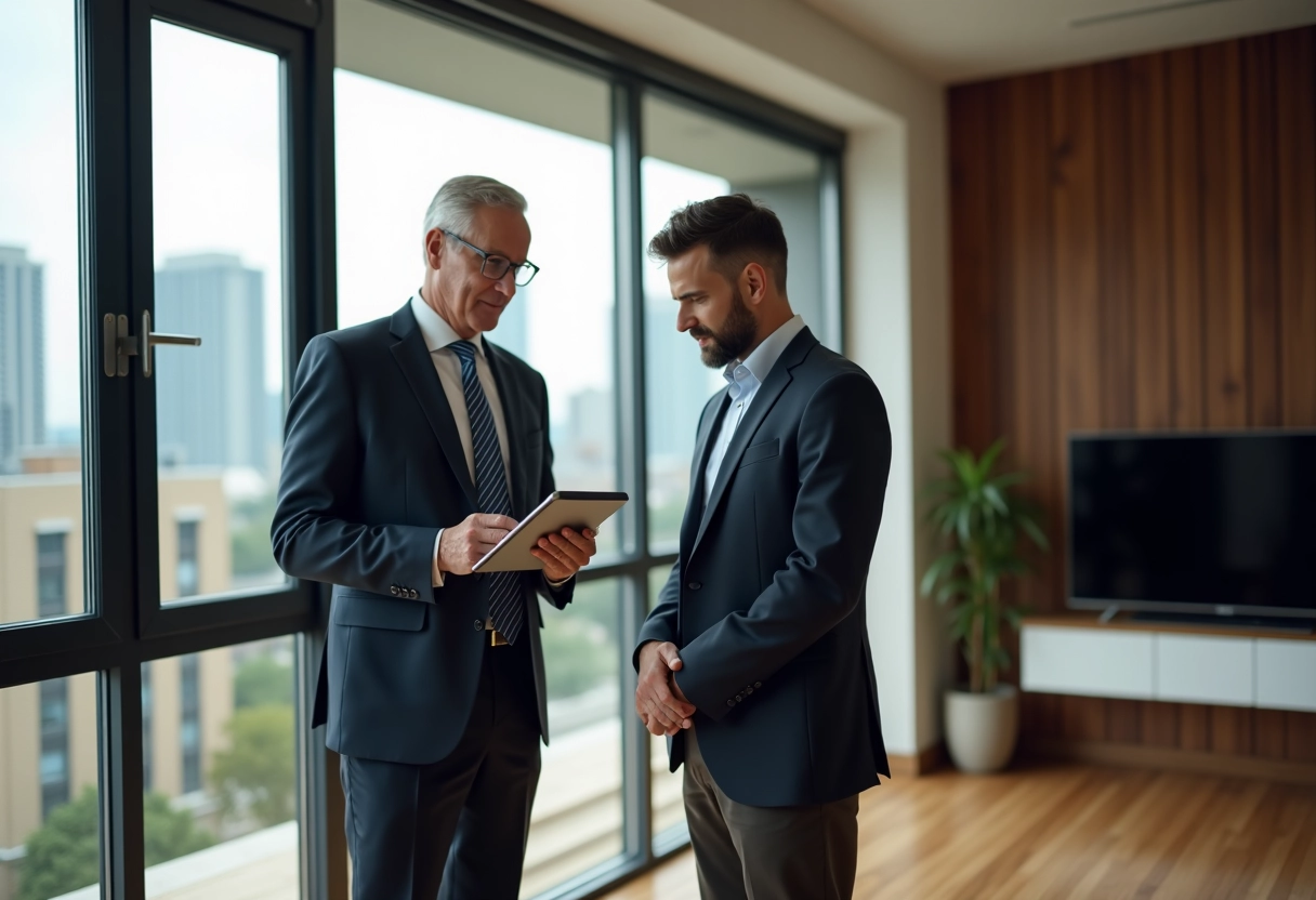 Homme en costume montrant des chiffres de valeur immobiliere avec un client