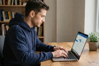 Homme utilisant une application VPN sur son ordinateur portable dans un bureau à domicile