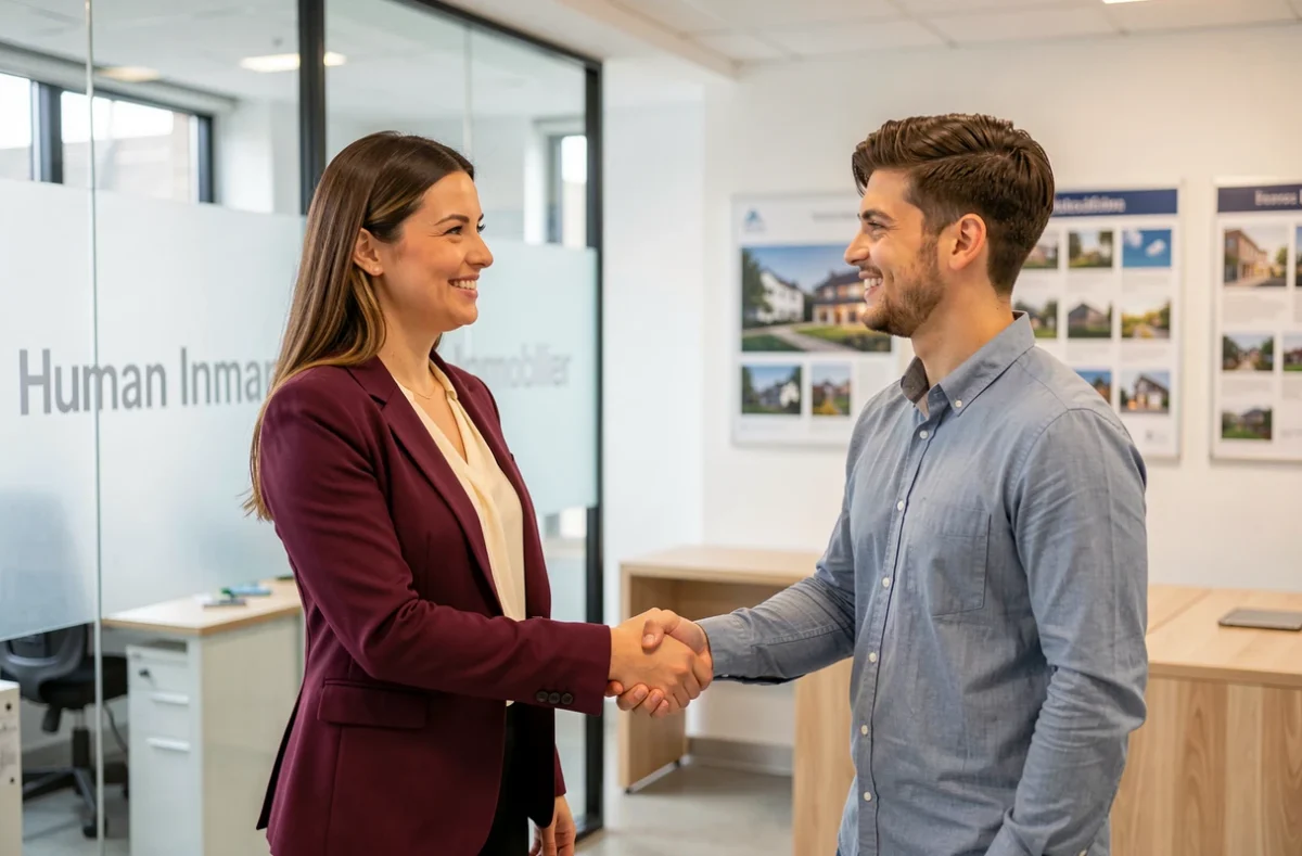 Agente de Human Immobilier accueillant des clients dans une agence moderne avec sourire chaleureux