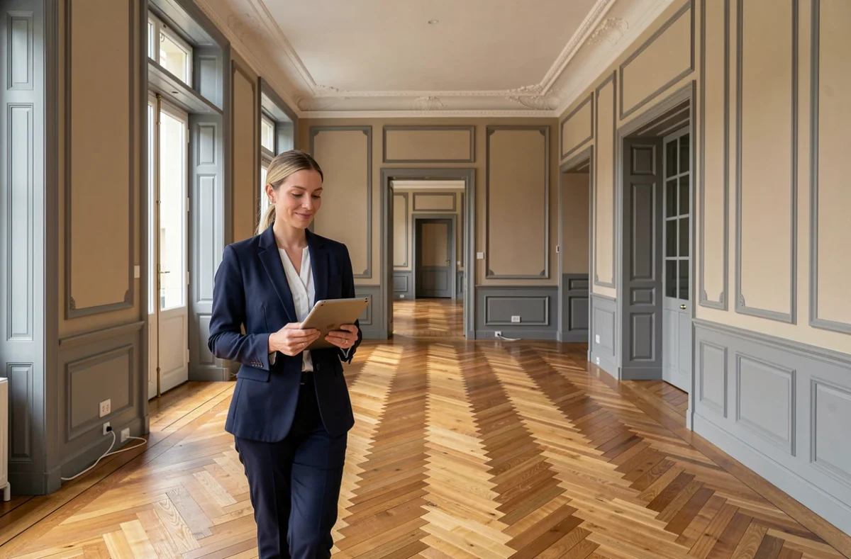 Experte d'Immo Diagnostics et Expertises inspectant un appartement bourgeois à haut plafond