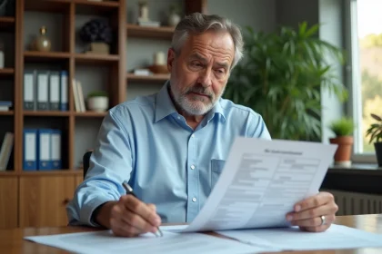 Un homme de cinquante ans examine des documents fiscaux et un contrat de vente immobilière à son bureau à domicile
