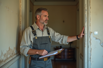 Inspecteur en bâtiment examinant un mur ancien dans un salon
