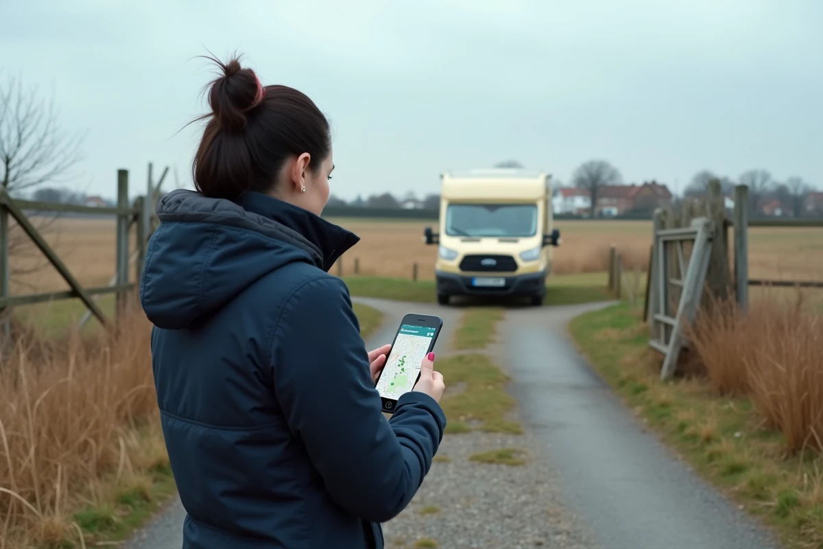 Femme inspectant un terrain à louer pour installer une caravane à l'année avec vue sur le terrain