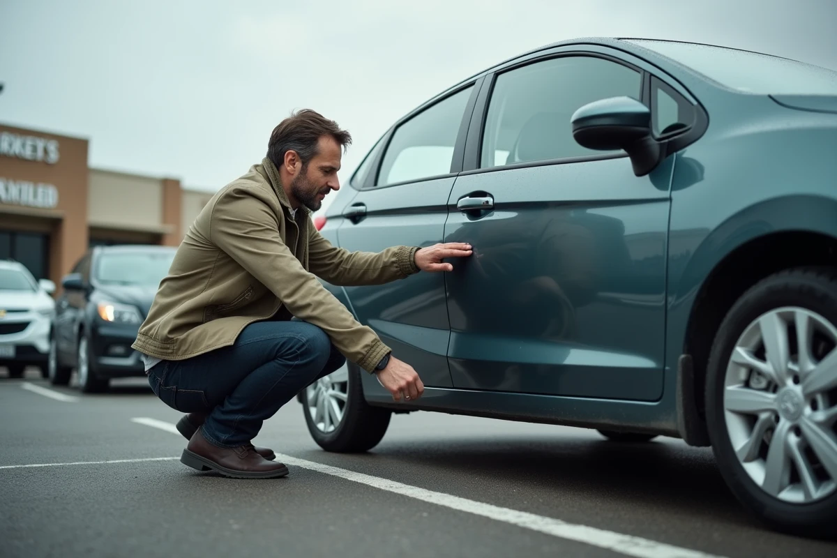 Homme inspectant l'état extérieur d'un véhicule de location dans un parking d'agence