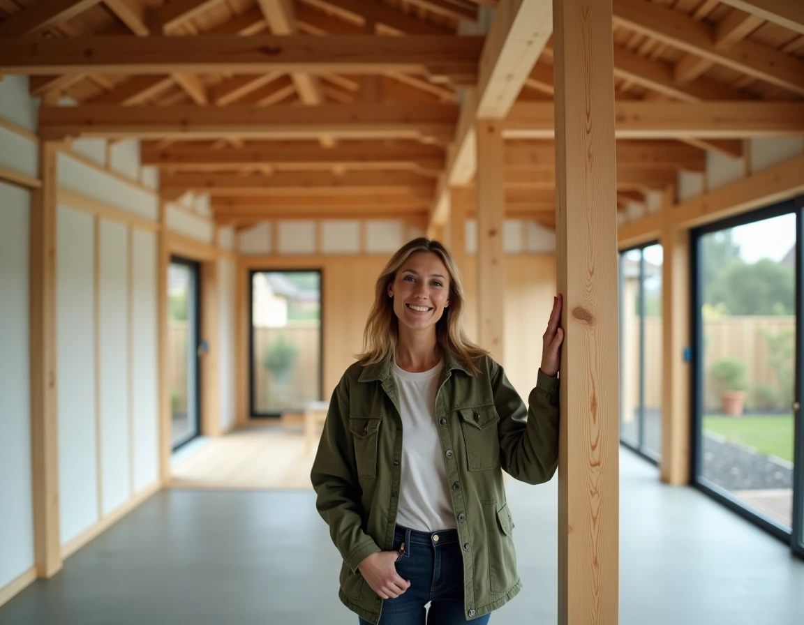 Propriétaire admirant l'intérieur d'une maison neuve à ossature bois avec poutres apparentes et isolation visible