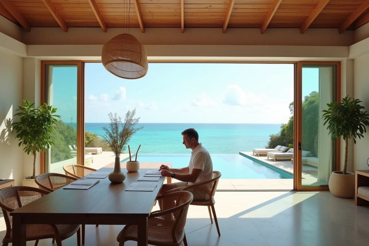 Intérieur d'une maison de plage moderne en Thaïlande avec vue sur la mer et documents immobiliers