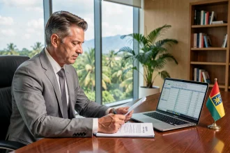 Homme d'affaires en costume gris consultant des documents d'investissement dans un bureau moderne avec vue sur un paysage tropical de l'île Maurice