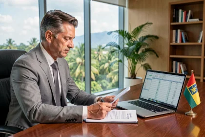 Homme d'affaires en costume gris consultant des documents d'investissement dans un bureau moderne avec vue sur un paysage tropical de l'île Maurice