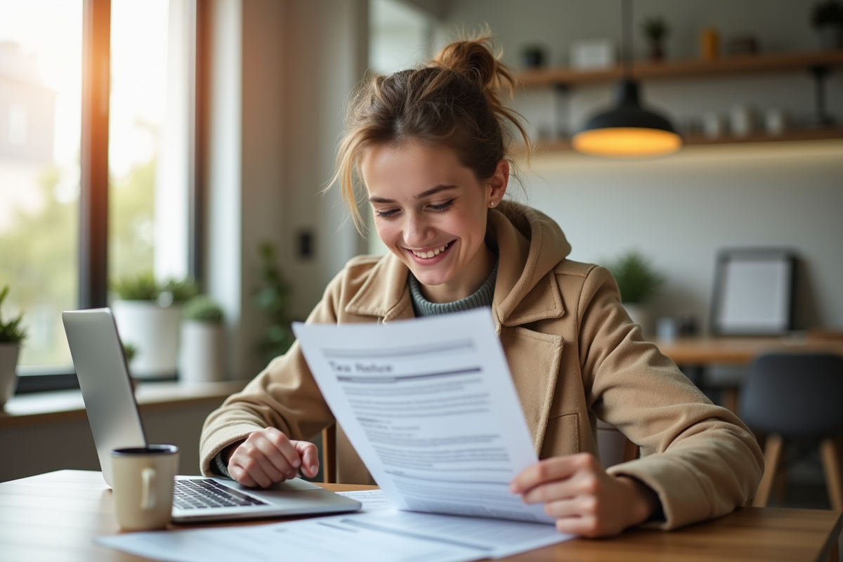 Jeune adulte souriant lisant documents de location et avis d'imposition