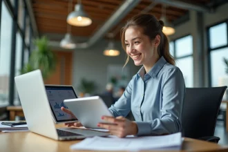 Jeune agente immobilière souriante avec appareils numériques