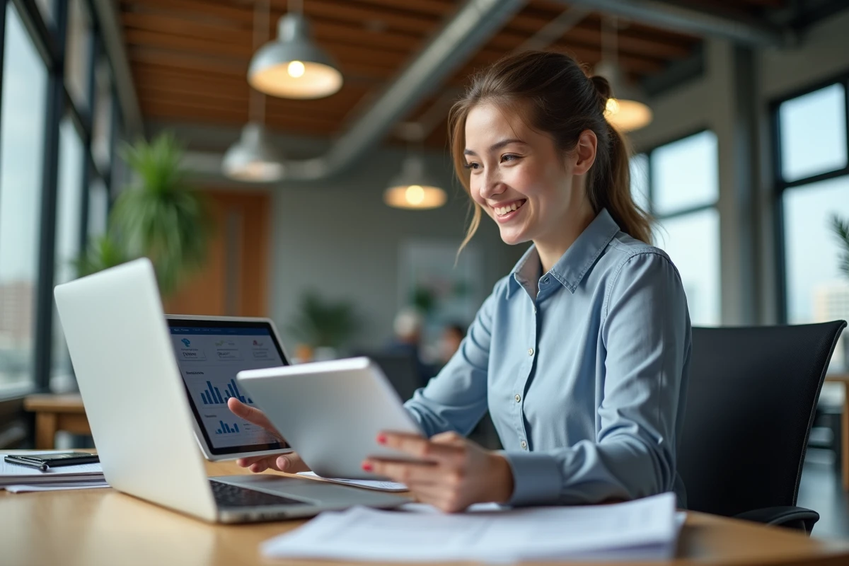 Jeune agente immobilière souriante avec appareils numériques