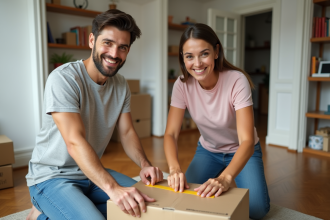 Jeune couple souriant préparant des cartons dans un appartement lumineux