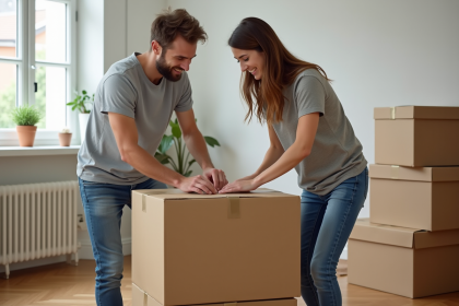 Jeune couple emballant des cartons dans un appartement moderne