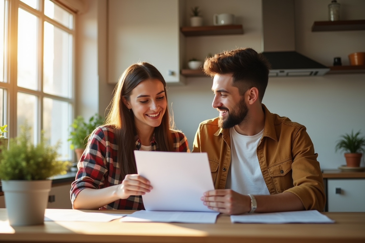 Jeune couple souriant à une table de cuisine moderne pour louer un appartement