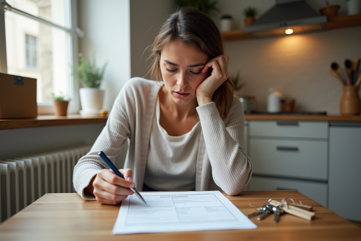 Jeune femme regarde un contrat de location dans sa cuisine