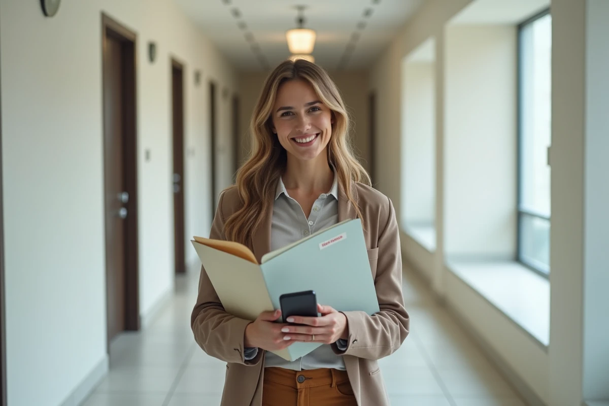 Jeune femme souriante dans un couloir d