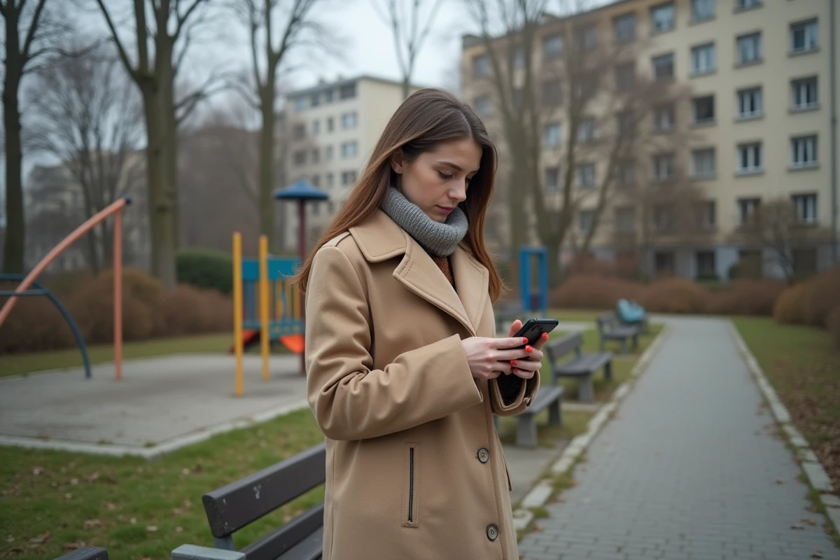 Jeune femme avec smartphone dans un parc de Conflans