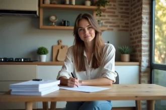 Jeune femme signant un contrat de location dans une cuisine moderne