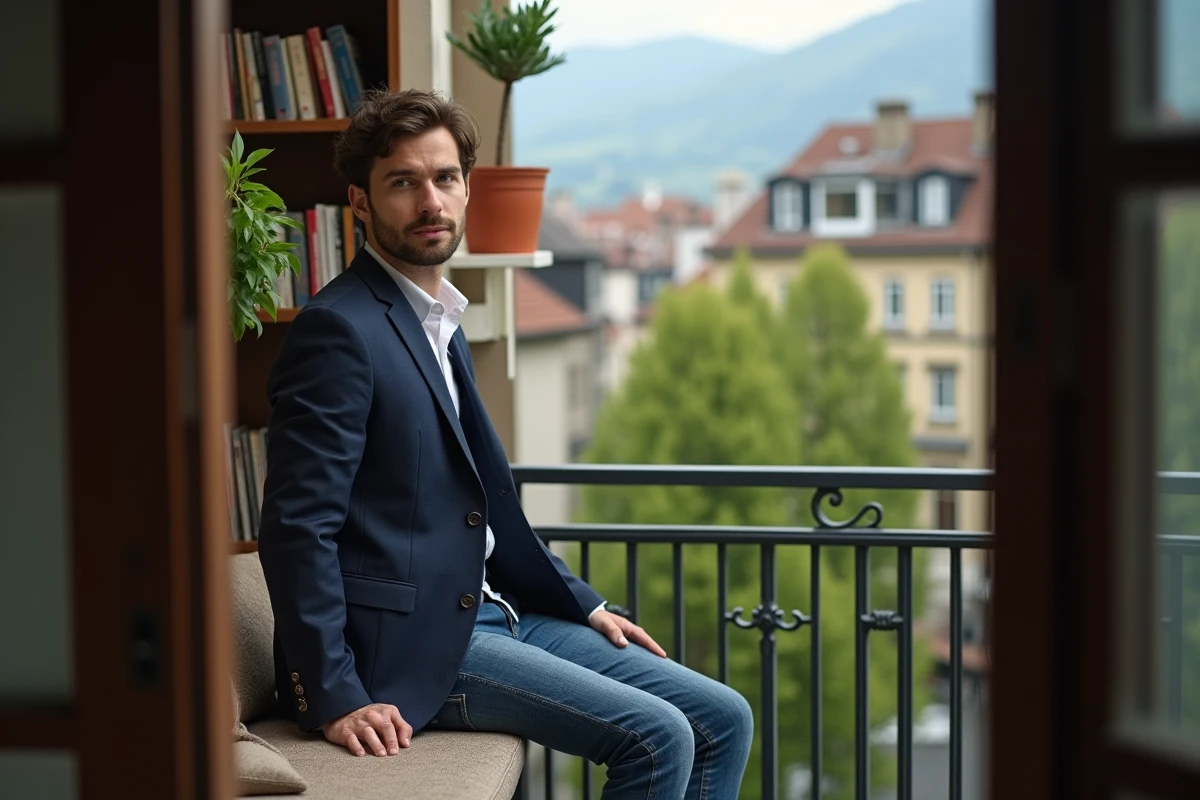 Jeune homme sur un balcon avec vue sur les toits à Grenoble