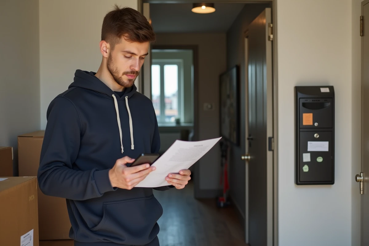 Jeune homme lisant une lettre dans un couloir urbain