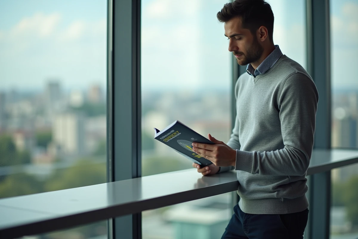 Jeune homme regardant brochure dans un bureau