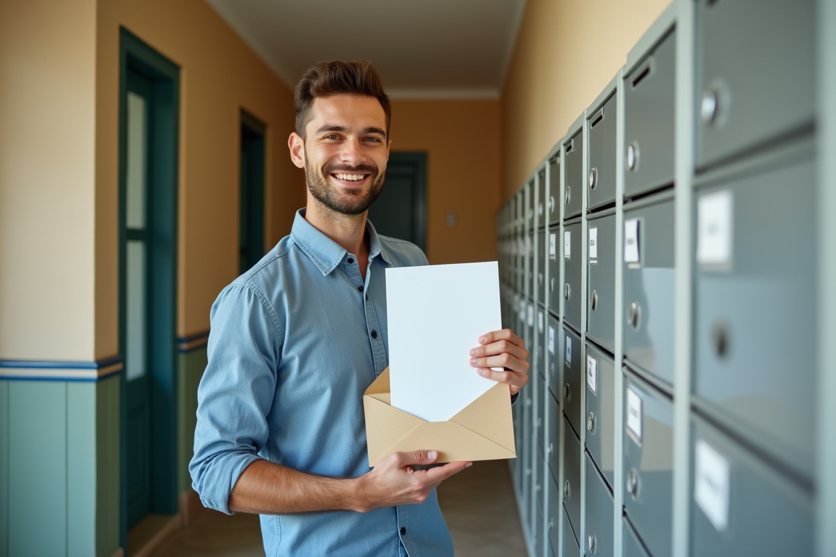 Jeune homme récupérant un courrier dans un immeuble urbain