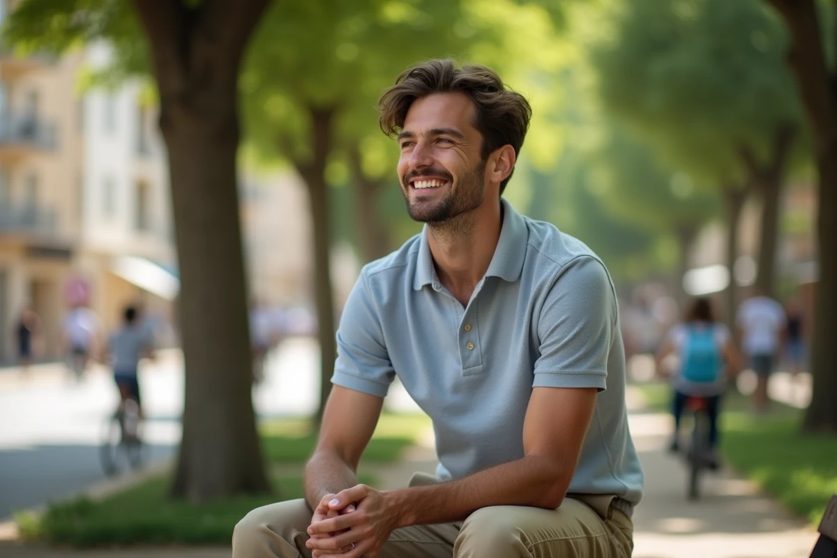 Jeune homme assis sur un banc dans un parc à Fréjus