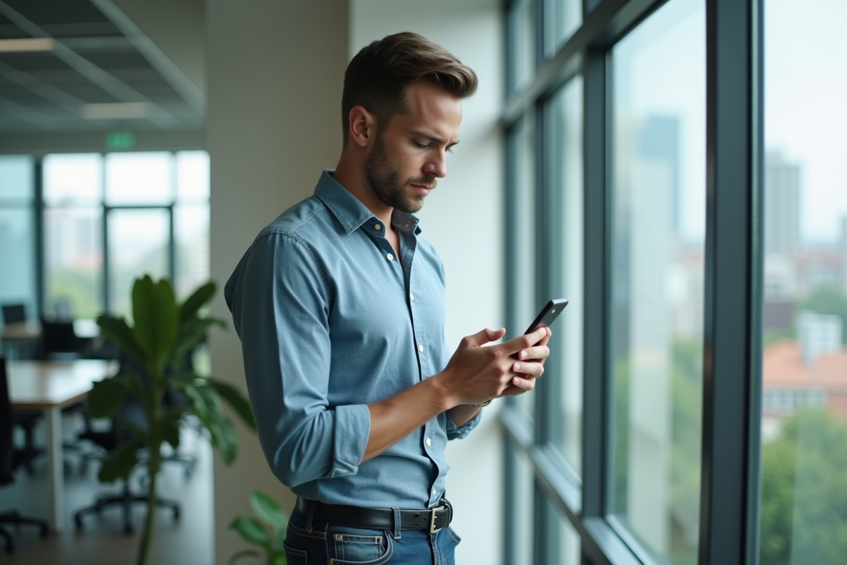 Jeune homme regardant un smartphone avec des infos sur un prêt immobilier