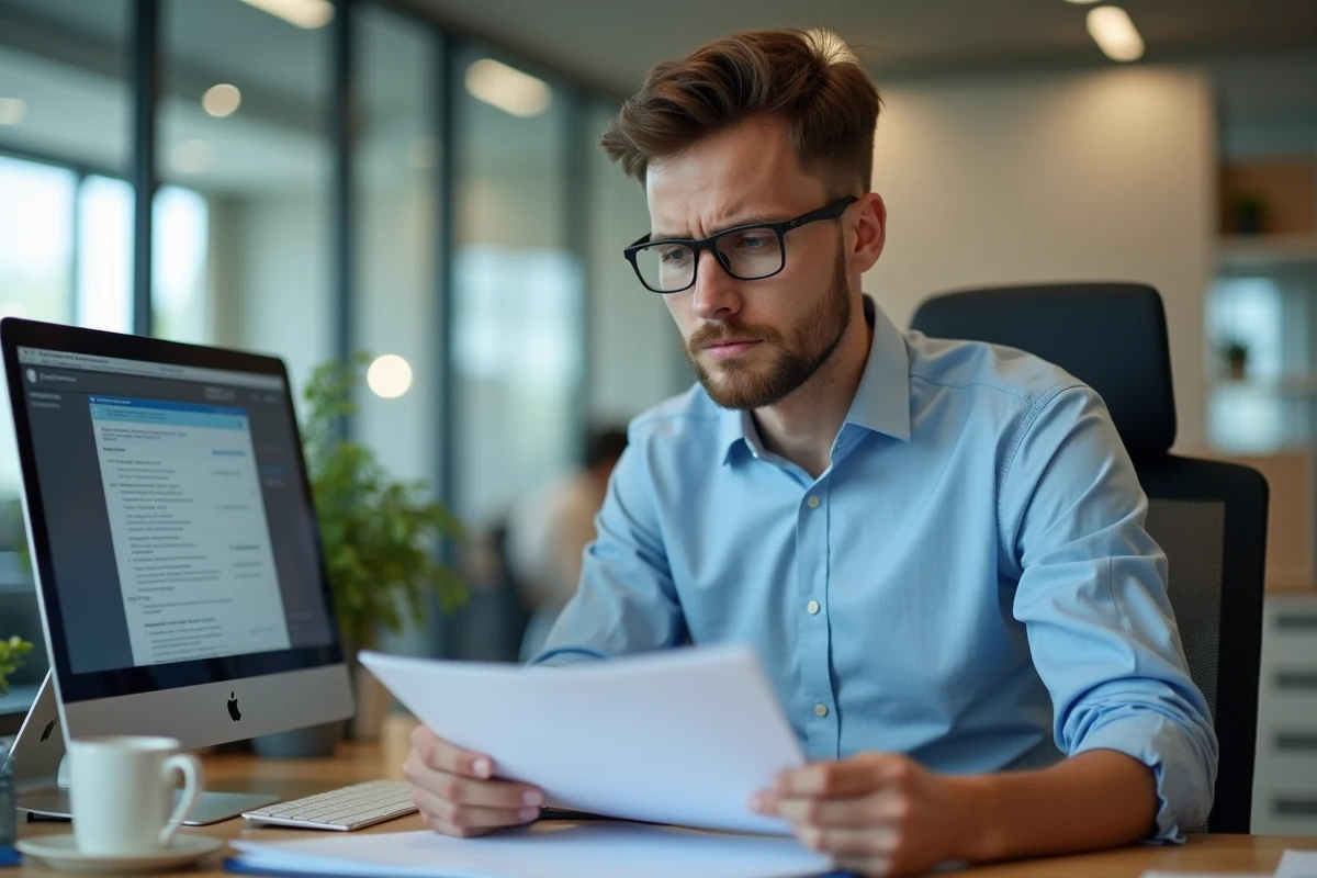 Jeune homme étudiant des documents dans un bureau logement