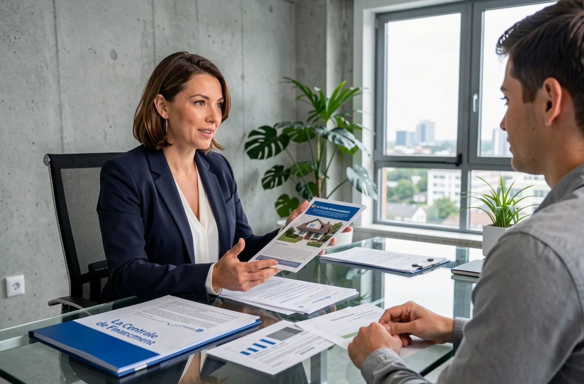Courtière de La Centrale de Financement Val-d'Oise présentant des documents de prêt immobilier à des clients