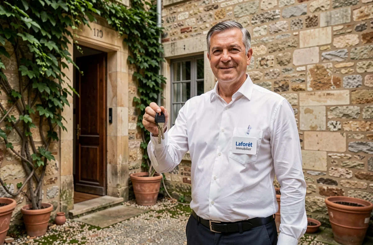 Agent Laforêt Cognac tenant des clés devant une propriété en pierre typique de la région de Cognac