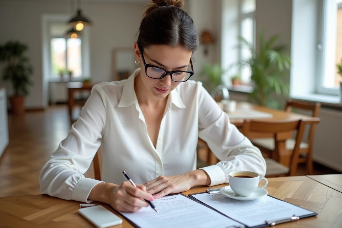 Investisseur immobilier lisant attentivement un contrat de gestion locative à domicile