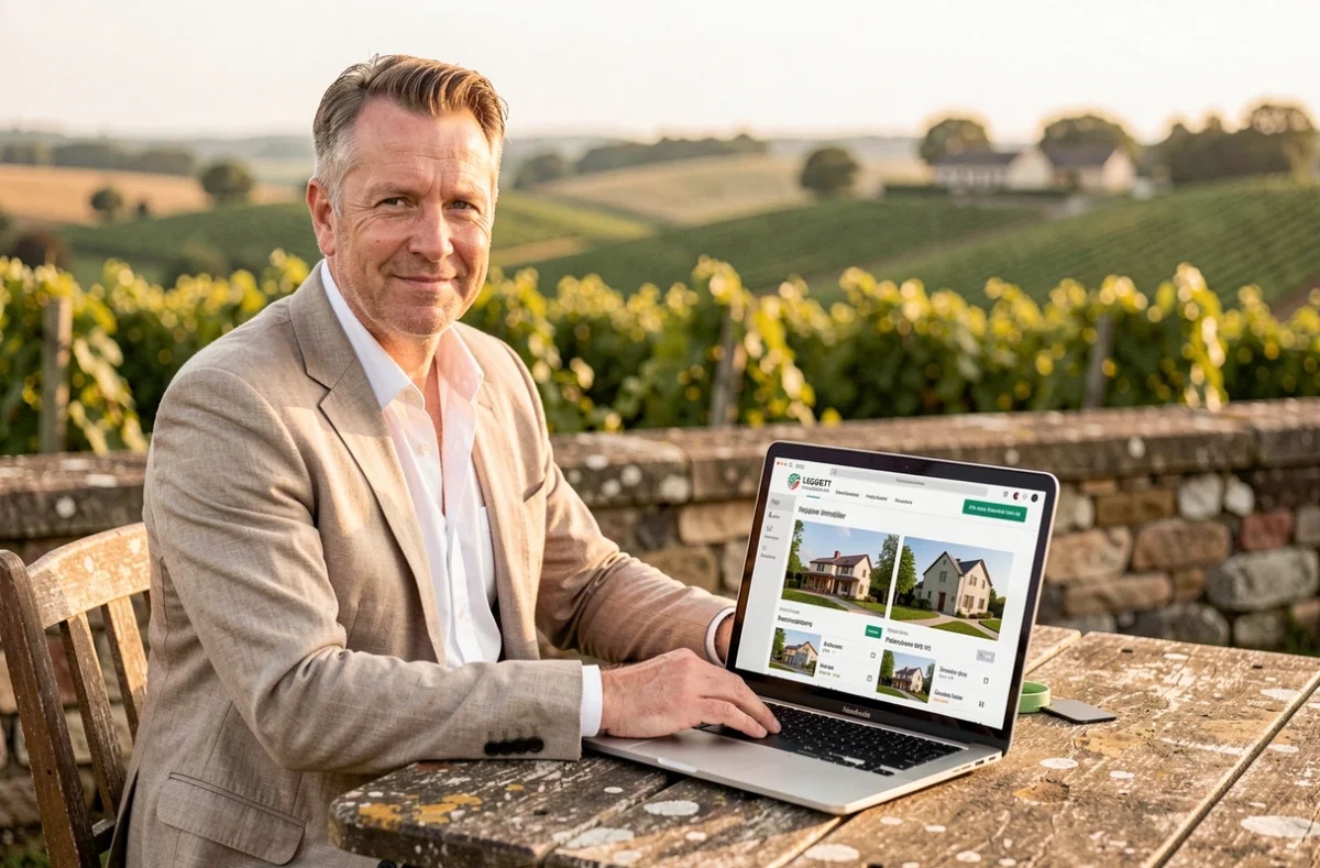 Agent Leggett Immobilier travaillant en extérieur dans la campagne charentaise avec un ordinateur portable montrant des annonces