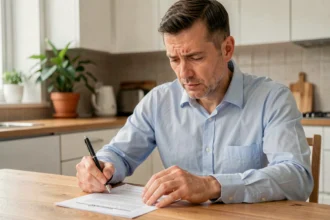 Locataire lisant attentivement son contrat d'assurance habitation à la table de sa cuisine