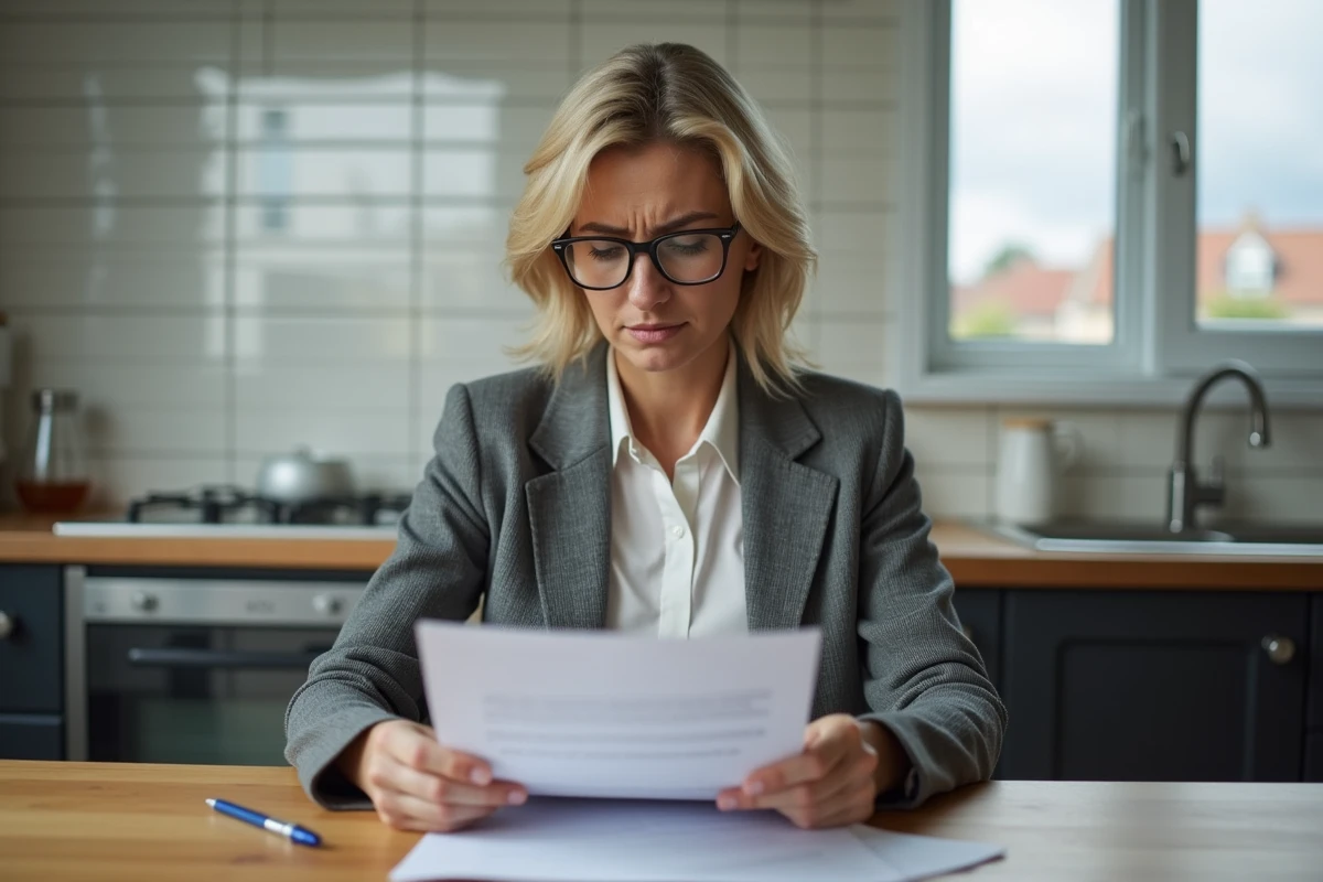 Locataire examinant son contrat d'assurance habitation à la table de cuisine