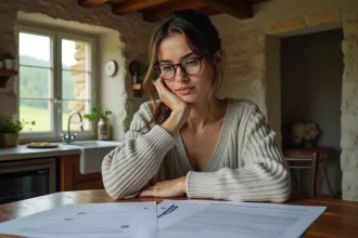 Locataire dans la Creuse consultant son contrat de location dans une maison rurale aux murs en pierre