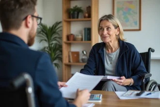 Locataire en fauteuil roulant discutant d'un contrat de bail avec un gestionnaire immobilier dans une agence