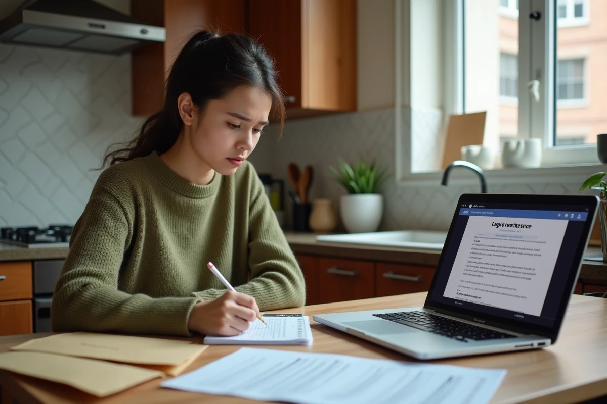 Jeune locataire malentendante analysant des documents juridiques liés à son bail à domicile
